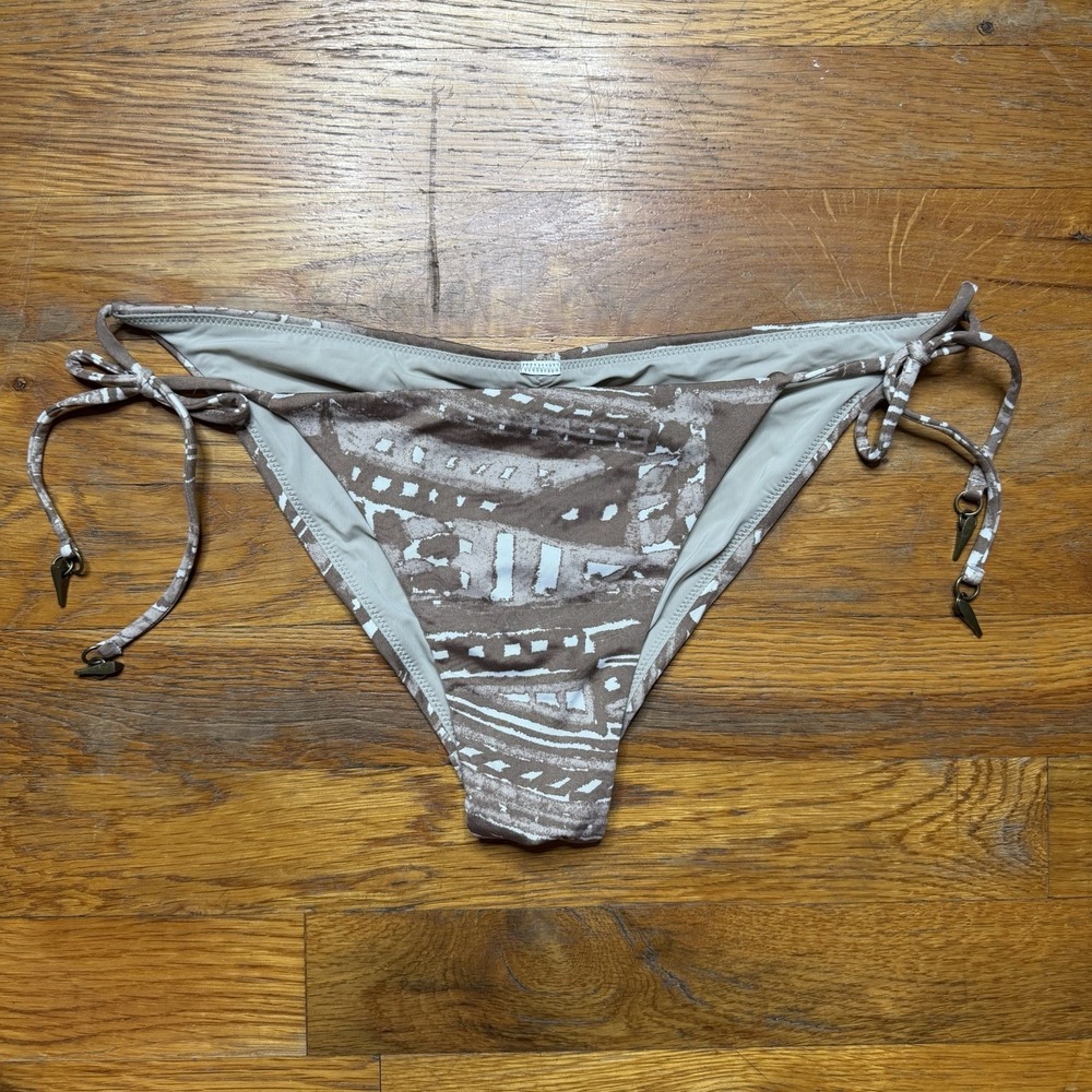 Parawin Bikini Bottoms Tribal Graphic Print Medium Tan White Metal Accents